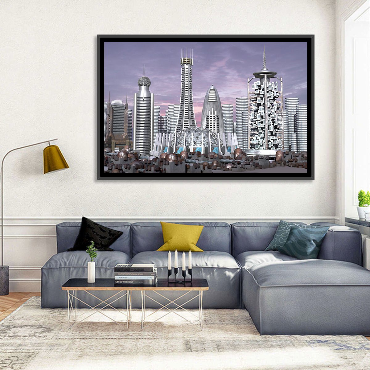 Purple Dusk Futuristic Cityscape Wall Art