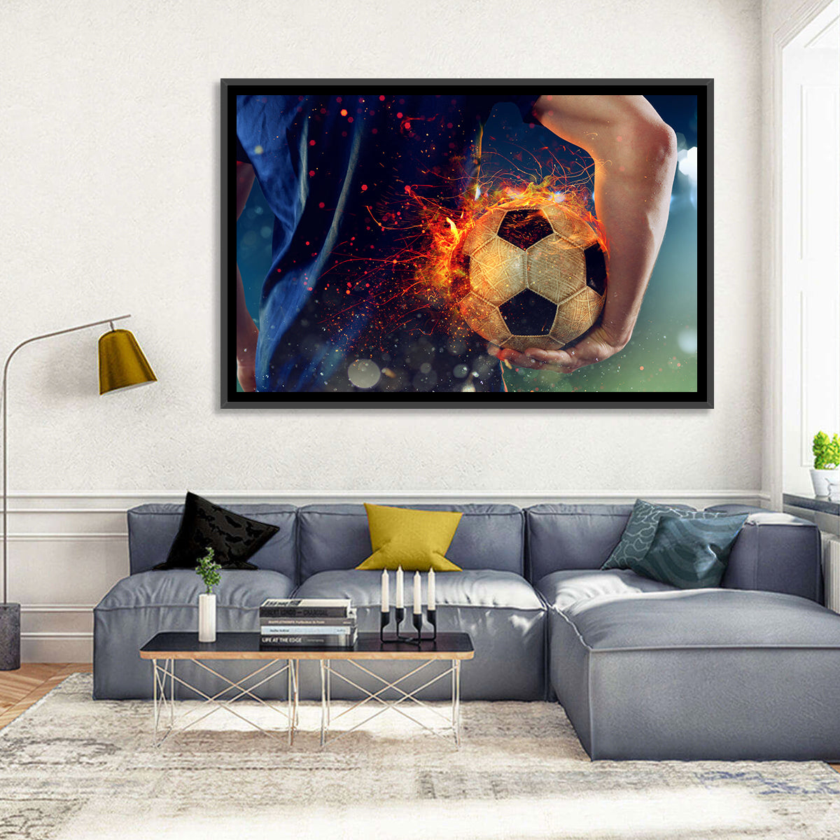 Fiery Soccer Ball and Blue Jersey Player Wall Art in a room, landscape