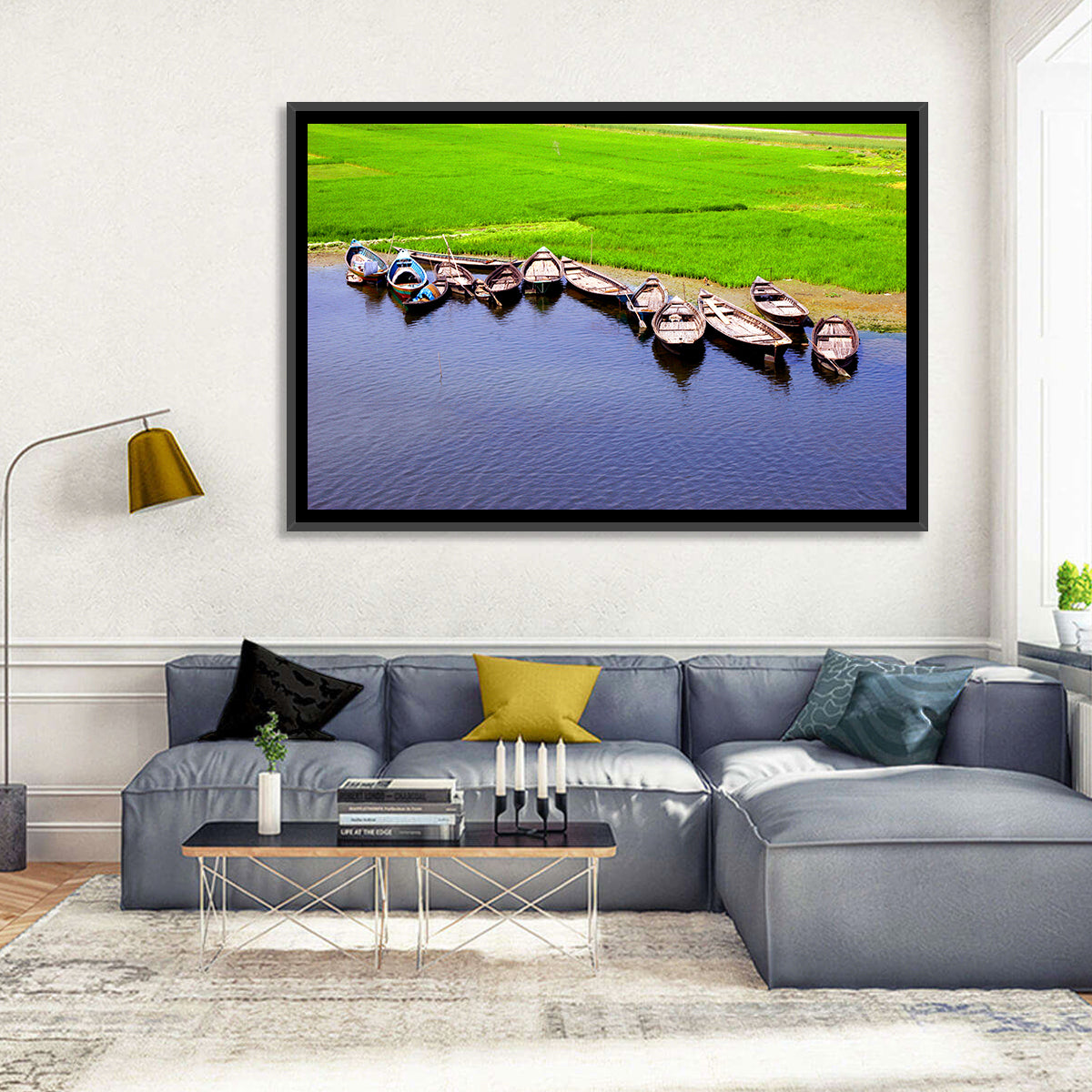 Boats at the Shoreline Wall Art in a room, landscape