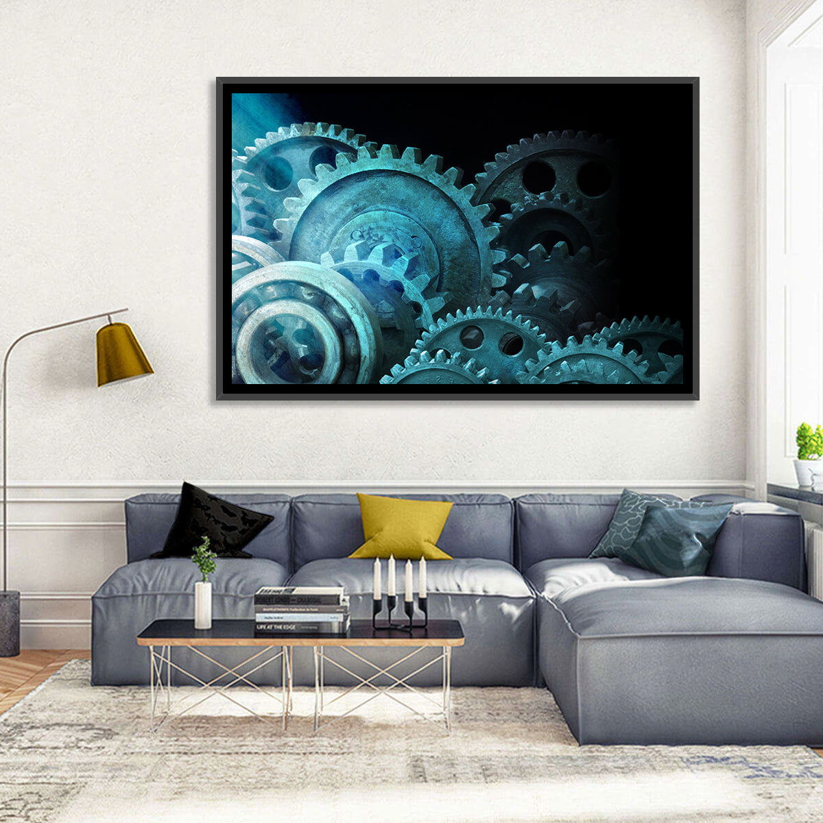 Teal and Steel Cogwheel Close-up Wall Art in a room, landscape