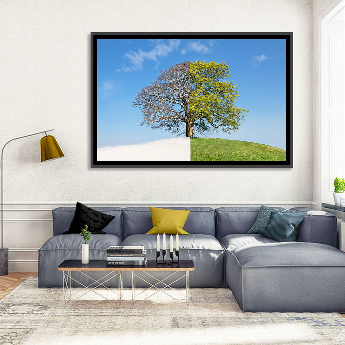 Split Season Tree Landscape Wall Art in a room, landscape
