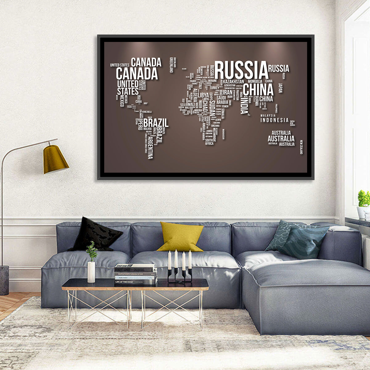 World Map Typography in Brown and White Wall Art in a room, landscape