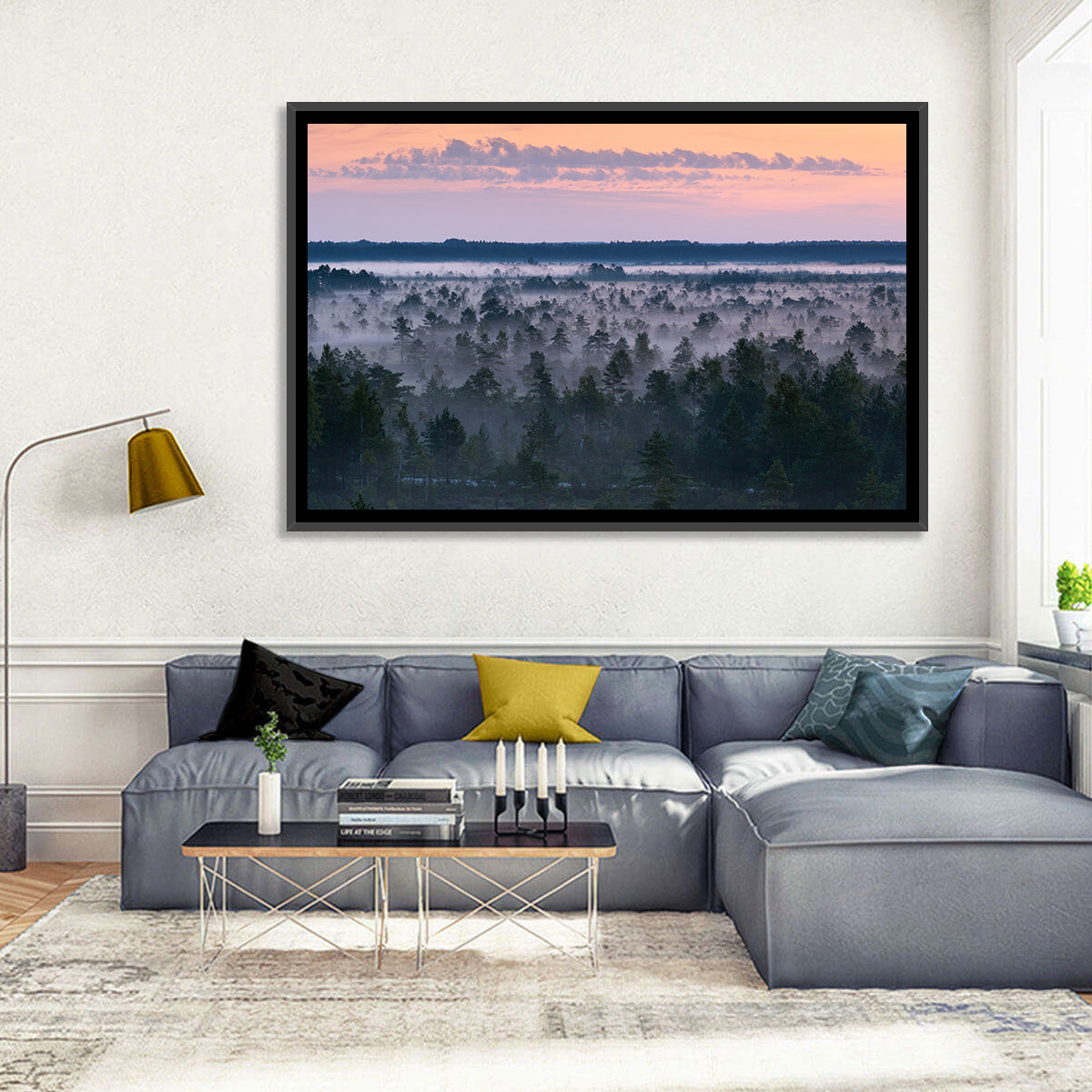 Estonian Misty Pine Landscape Wall Art in a room, landscape