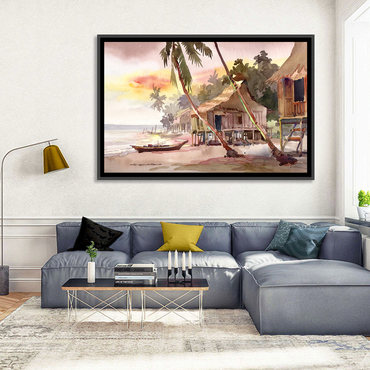 Malaysian Coastal Village at Sunset Wall Art in a room, landscape