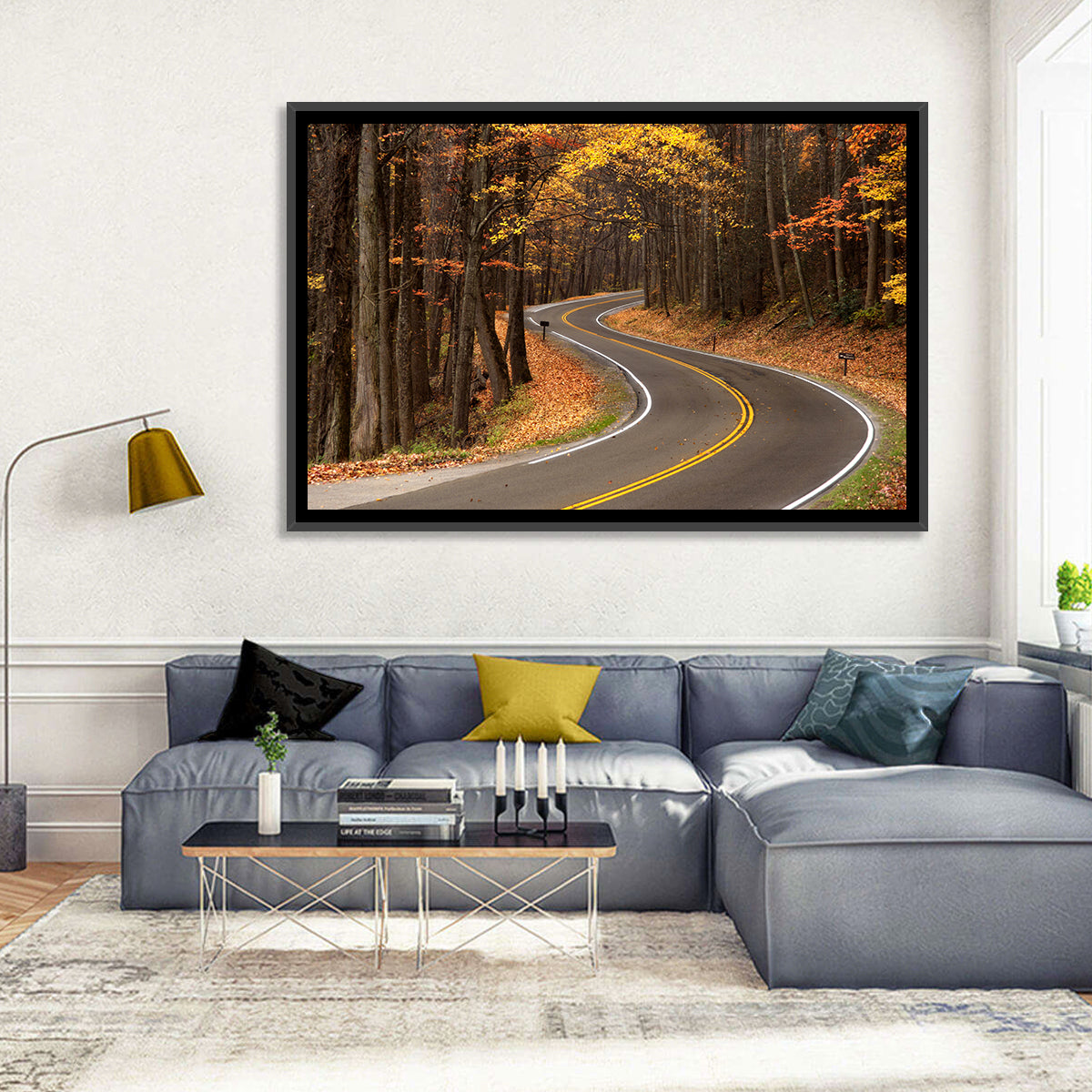 S-curve Road Through Autumn Forest Wall Art in a room, landscape