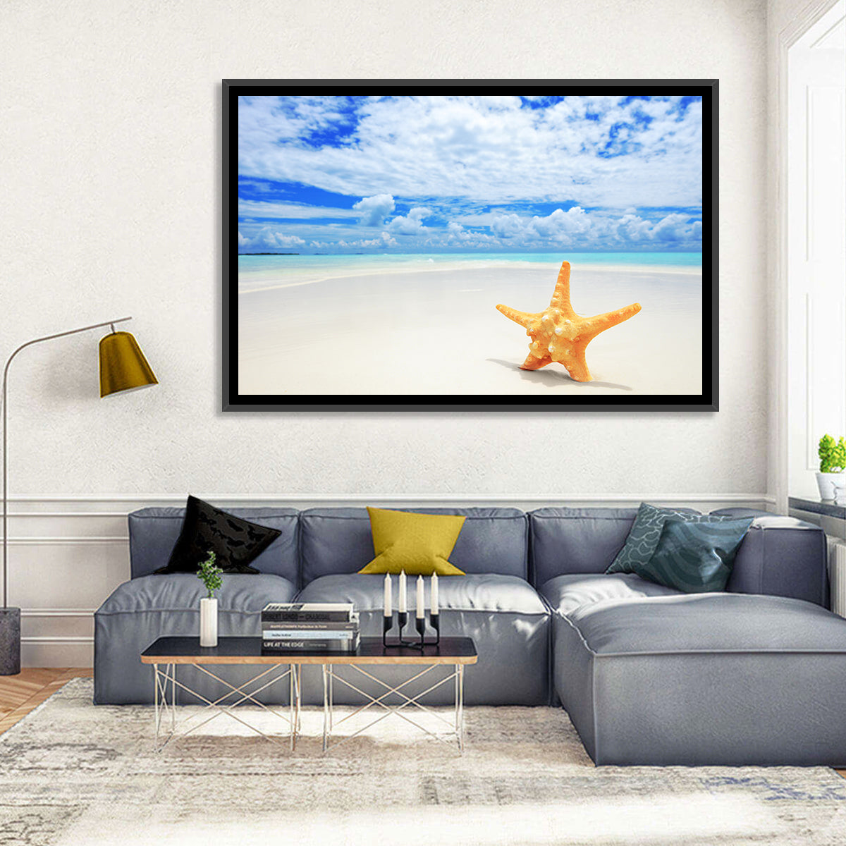 Minimalist Yellow Starfish on Turquoise Shore Wall Art in a room, landscape