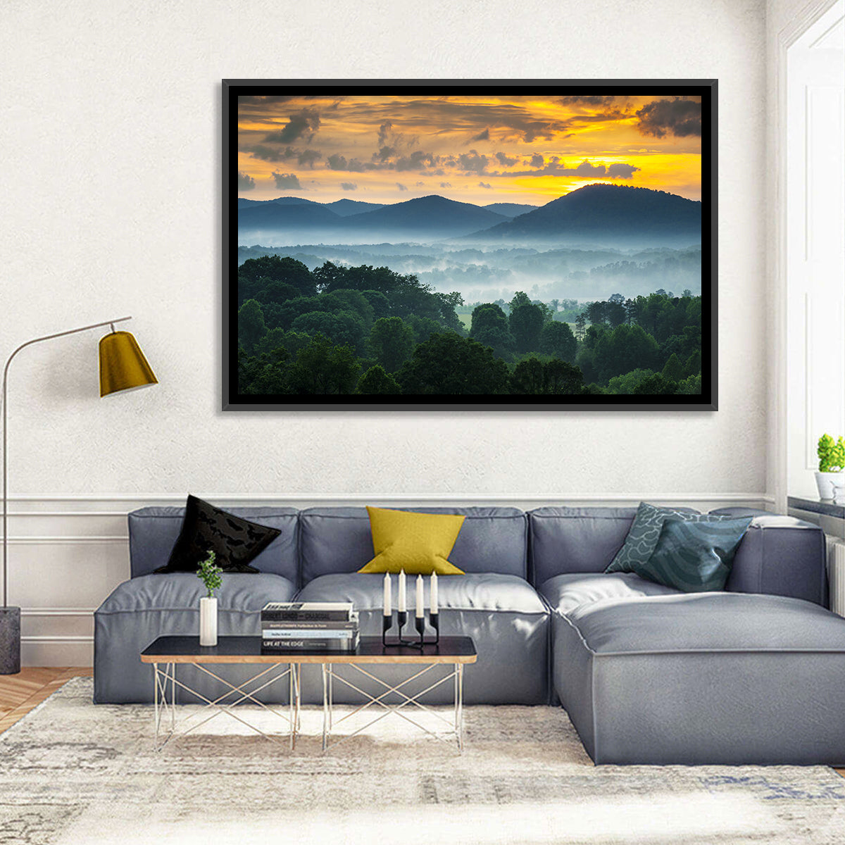 Blue Ridge Mountains Asheville Sunset Wall Art in a room, landscape