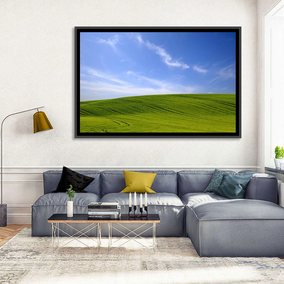 Rolling Green Hill with Blue Sky Wall Art in a room, landscape