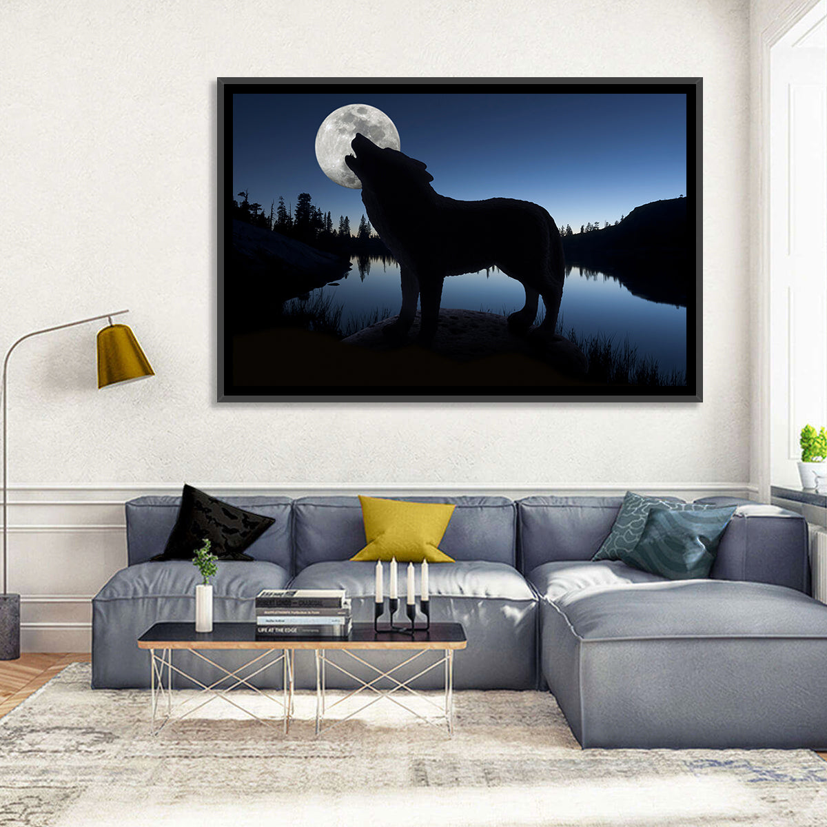 Howling Wolf at Full Moon Wall Art in a room, landscape