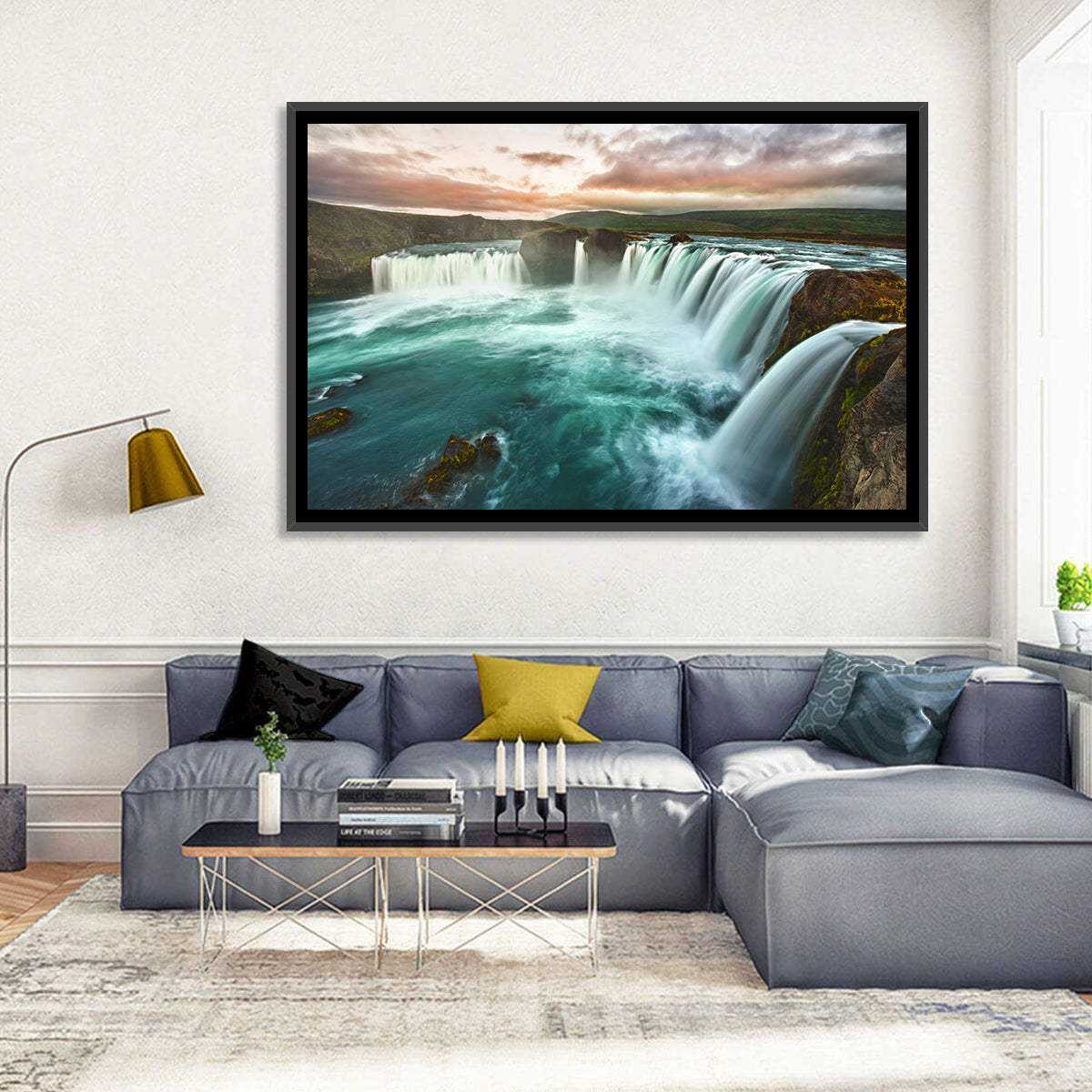 Goðafoss Waterfall at Golden Hour Wall Art in a room, landscape