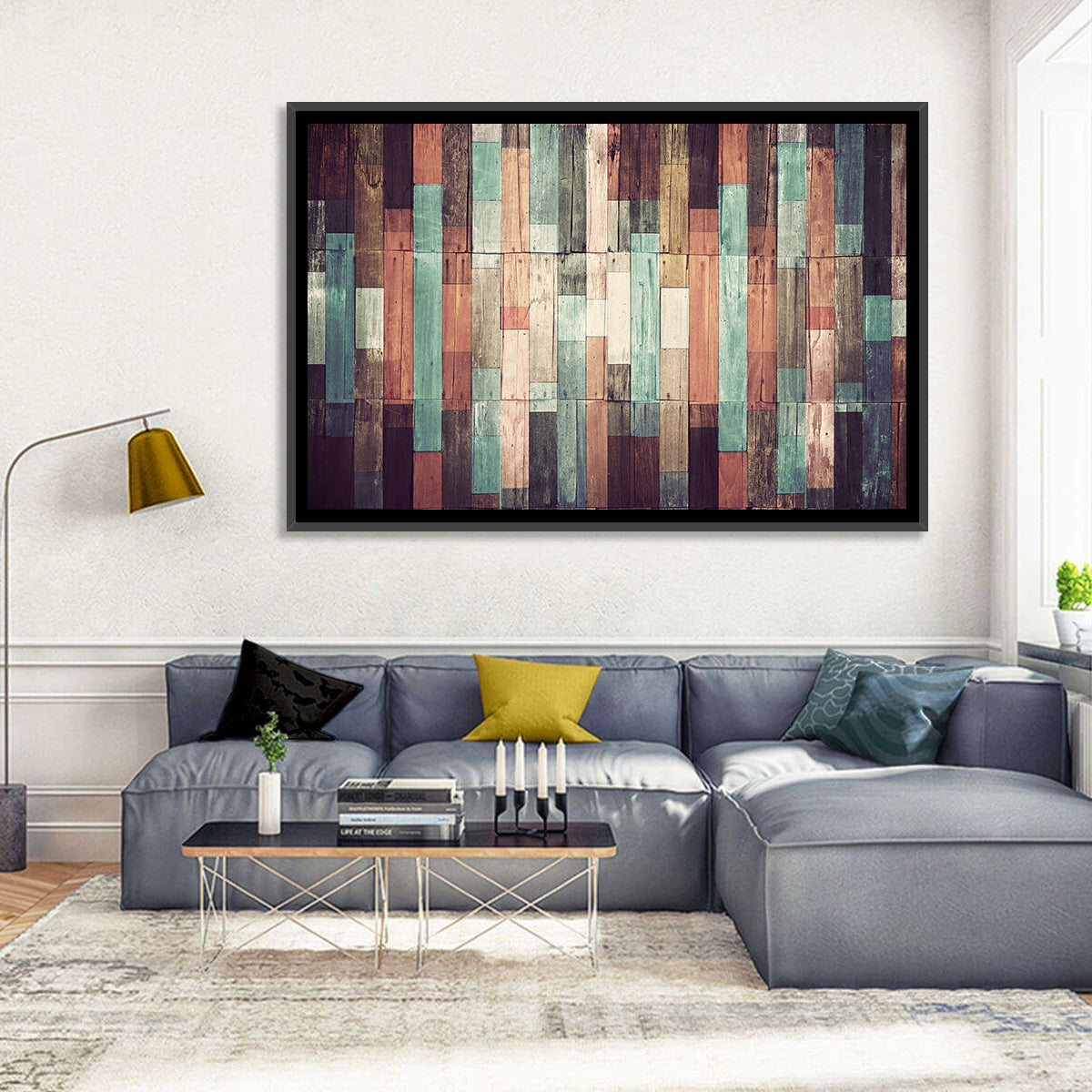 Sound Waves Wood Planks Wall Art in a room, landscape