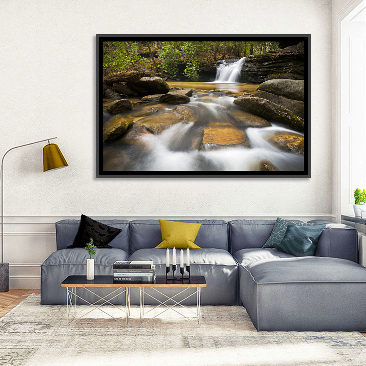 South Carolina Forest Waterfall Wall Art in a room, landscape