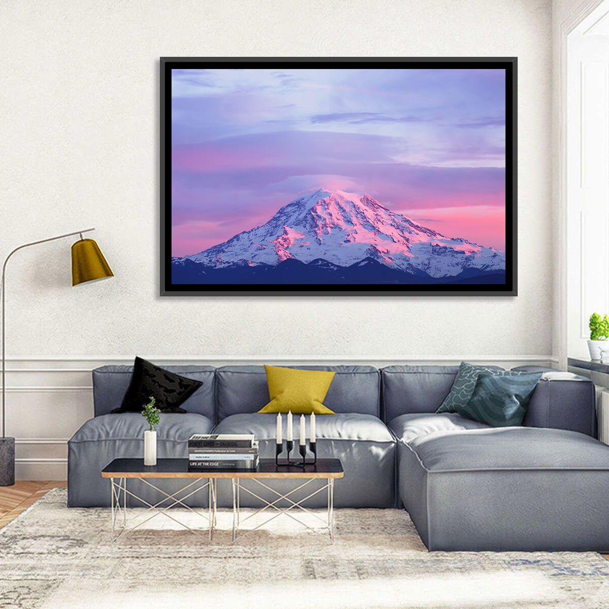 Mount Rainier Alpenglow with Lenticular Cloud Wall Art in a room, landscape