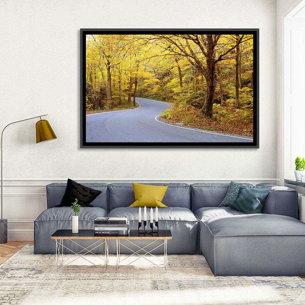 Winding Road Through Autumn Foliage Wall Art in a room, landscape