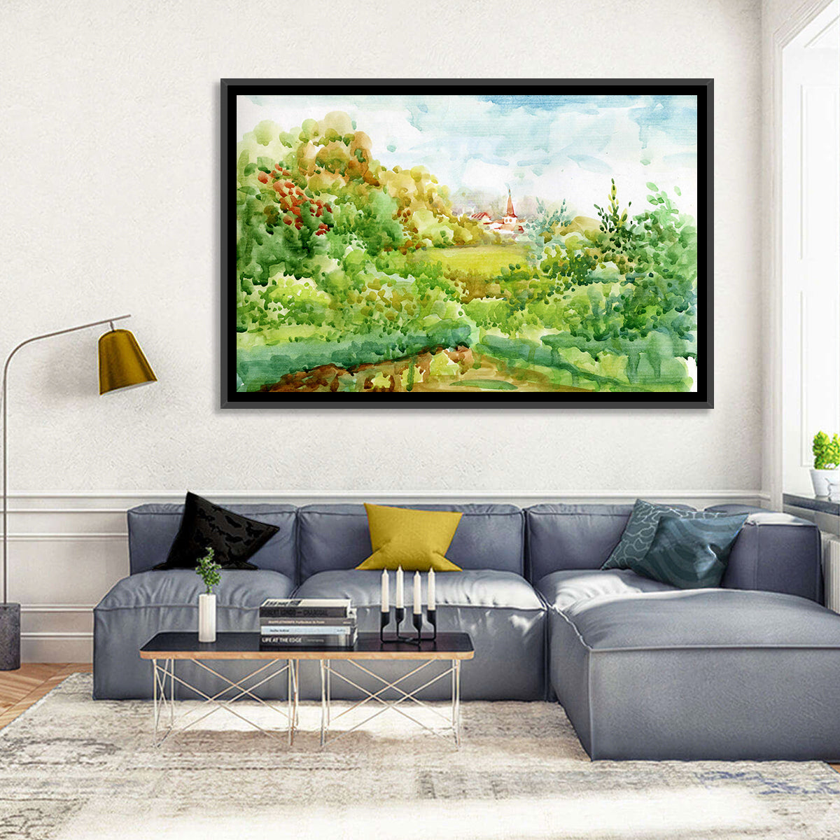 Red Steeple Village Watercolor Wall Art in a room, landscape