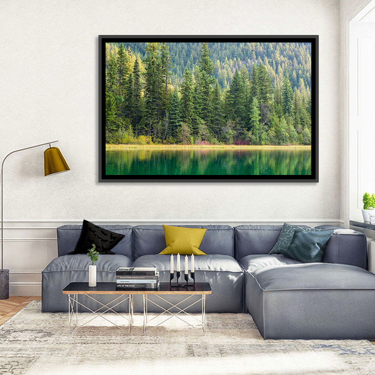 Tranquil Forest Lake Wall Art in a room, landscape