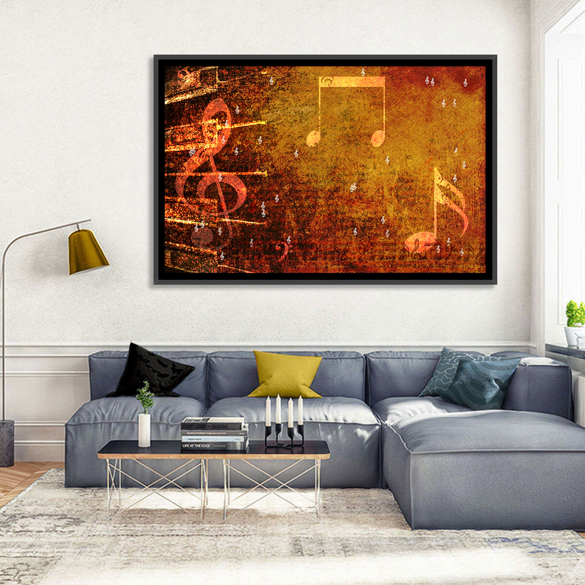 Grunge Sheet Music Collage Wall Art in a room, landscape