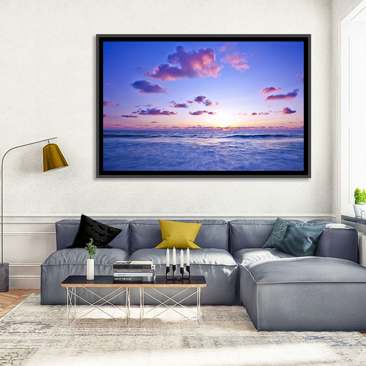 Mediterranean Sunset Wall Art in a room, landscape