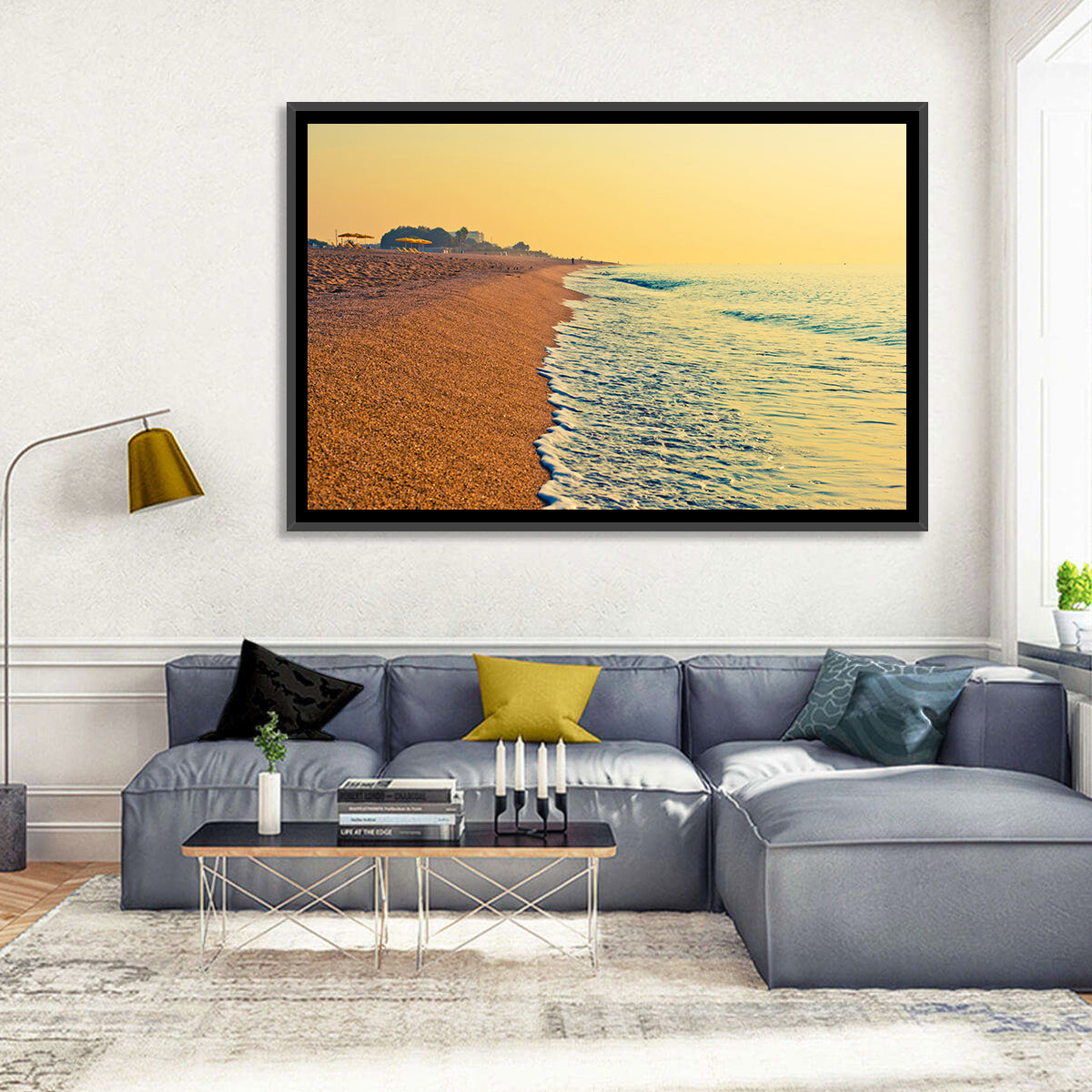 Tranquil Beach Sunrise Wall Art in a room, landscape