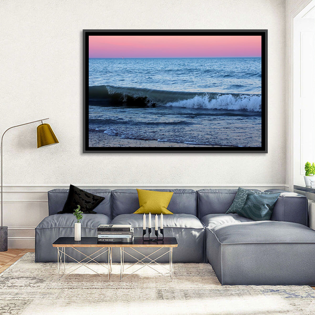 Lake Michigan Sunset with Sailboat Wall Art in a room, landscape