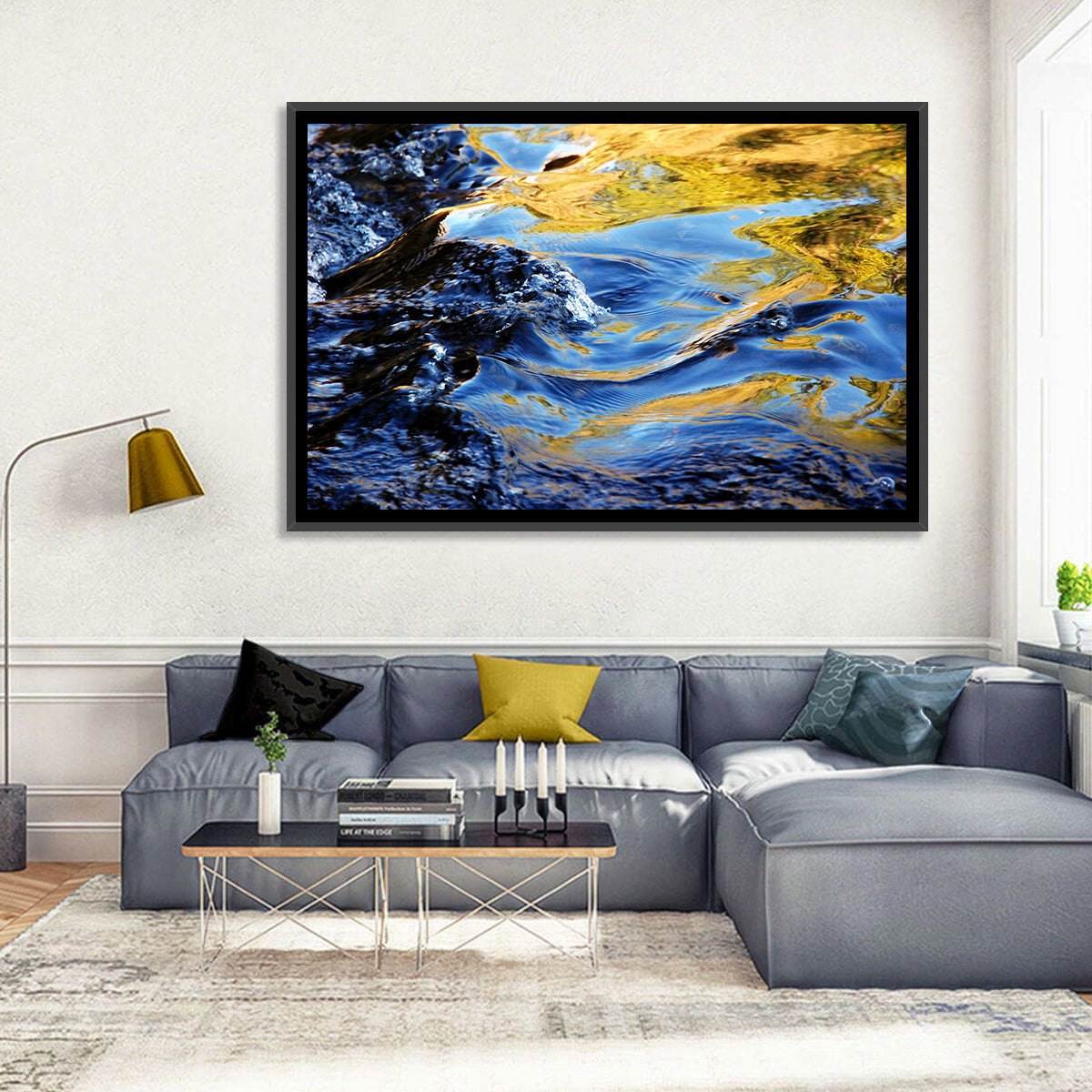 Flowing Stream with Golden Reflections Wall Art in a room, landscape