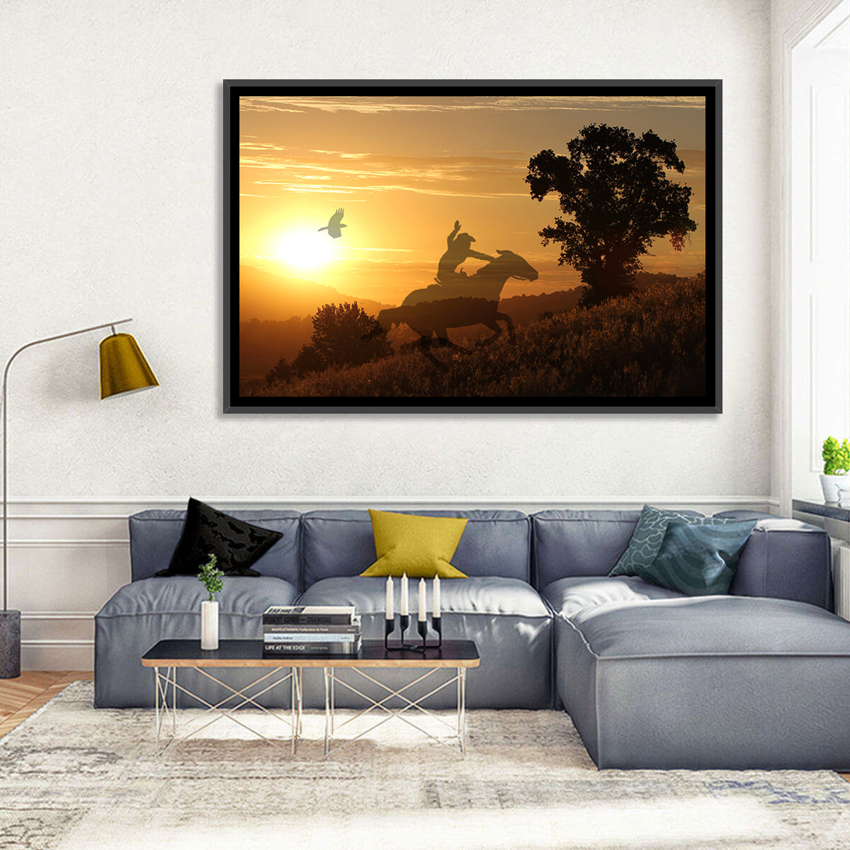 Cowboy Silhouette at Golden Sunset Wall Art in a room, landscape