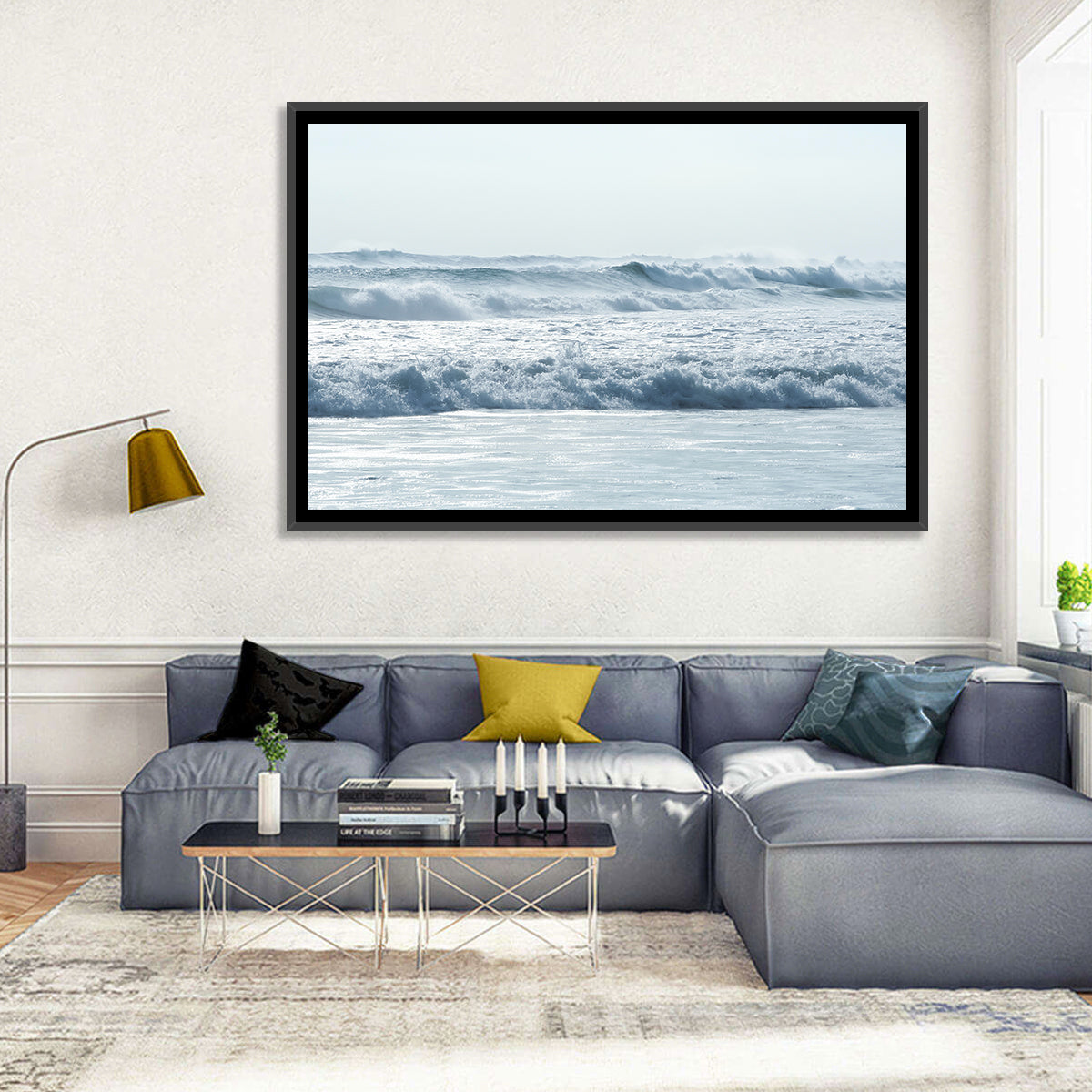 Misty Horizon Ocean Waves Wall Art in a room, landscape