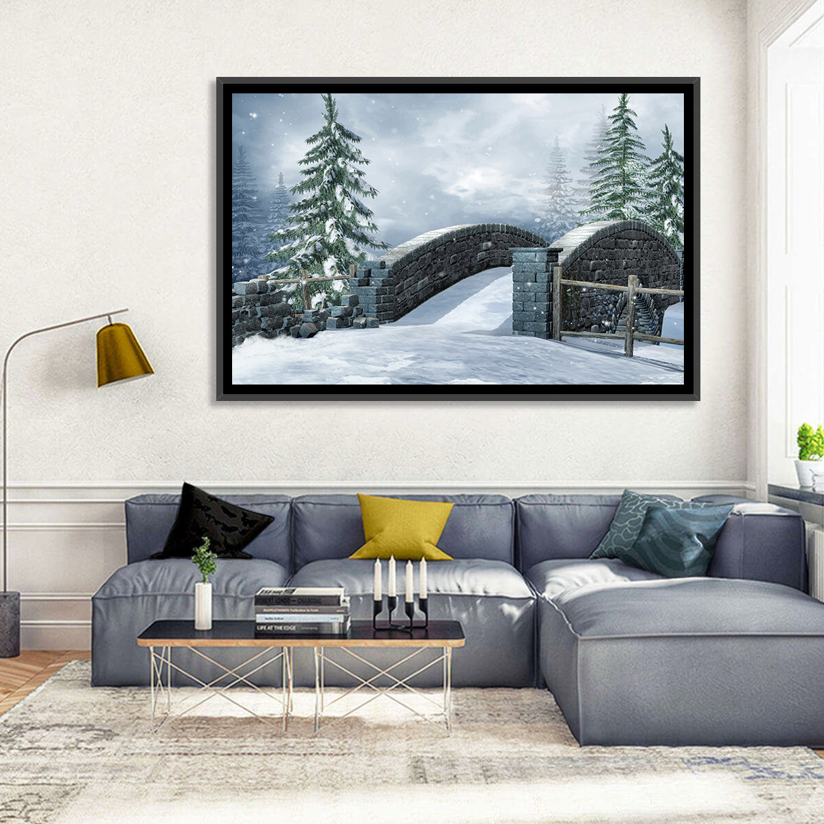 Snowy Stone Bridge in Winter Forest Wall Art in a room, landscape