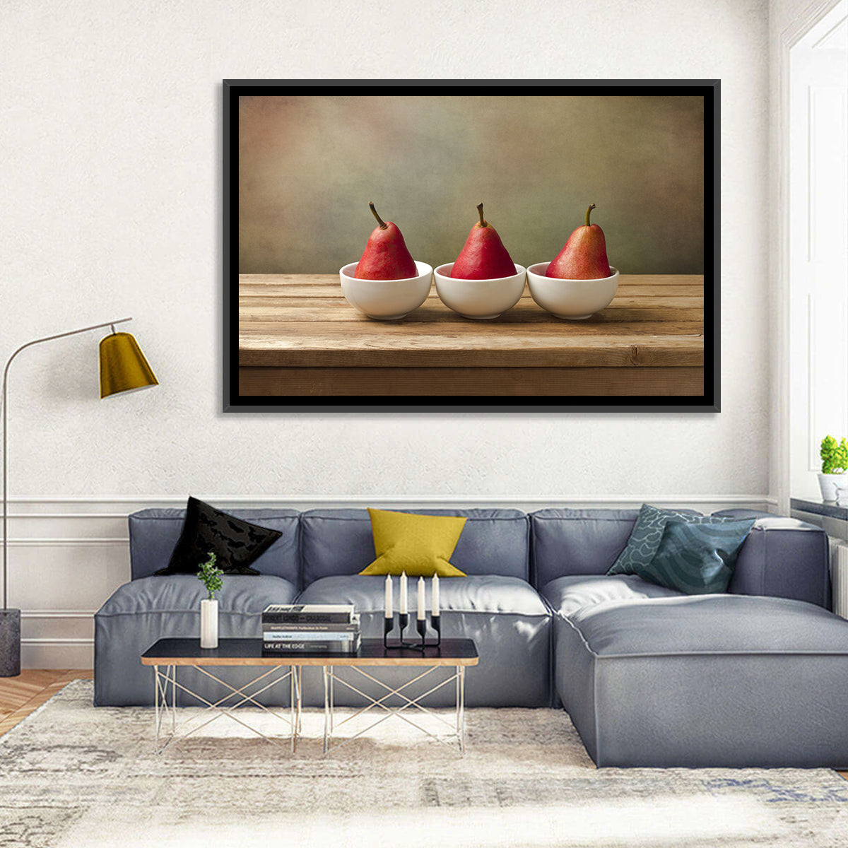Three Red Pears in Bowls Wall Art in a room, landscape