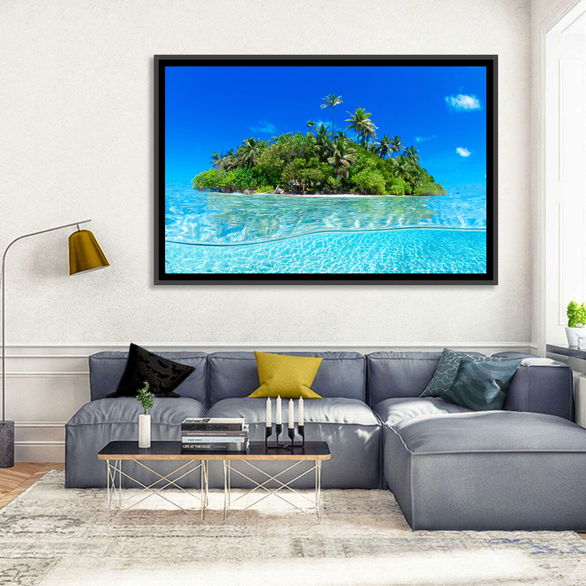 Tropical Island Lagoon Split-level Seascape Wall Art in a room, landscape