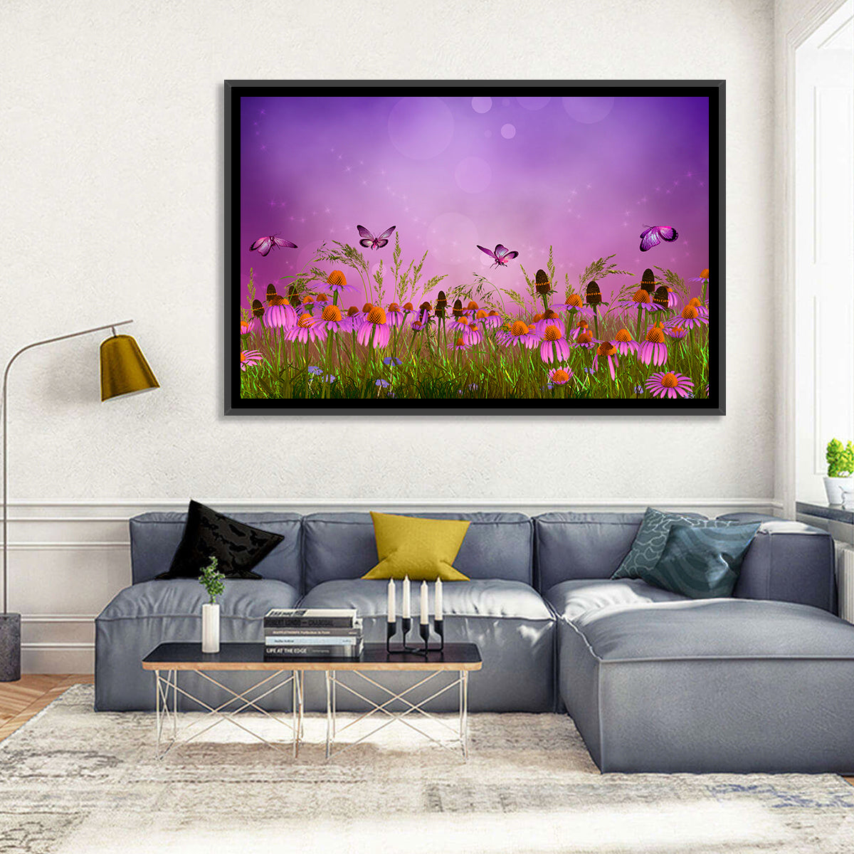 Purple Coneflower Butterfly Meadow Wall Art in a room, landscape