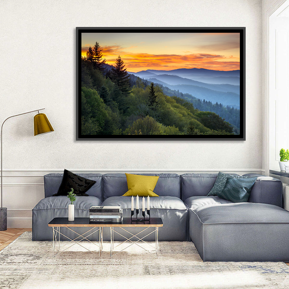 Great Smoky Mountains Sunset Wall Art in a room, landscape