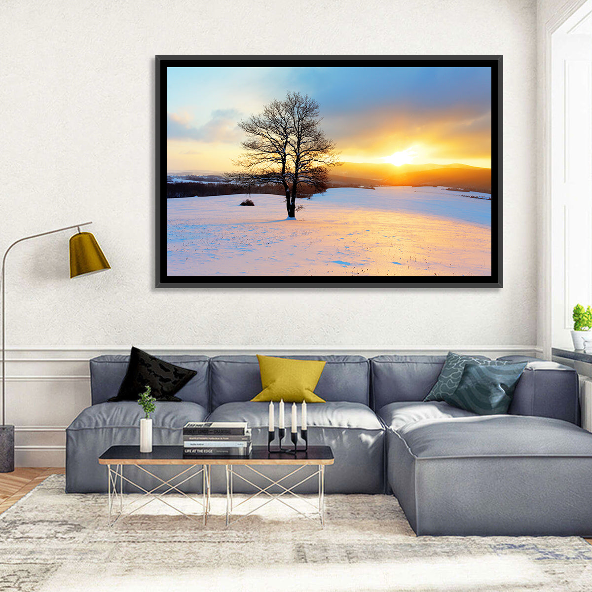 Snowy Winter Sunrise Wall Art in a room, landscape