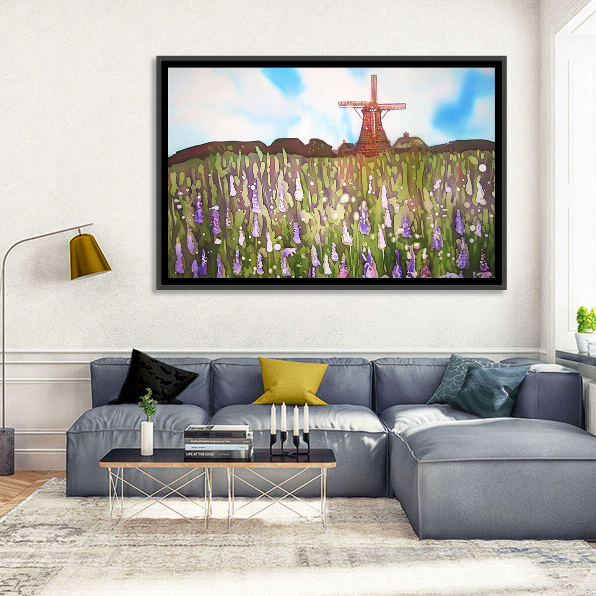 Ink Wash Windmill in Blooming Field Wall Art in a room, landscape