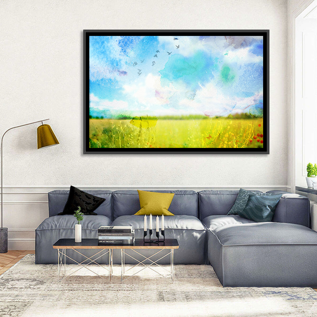 Watercolor Wildflower Field Wall Art in a room, landscape