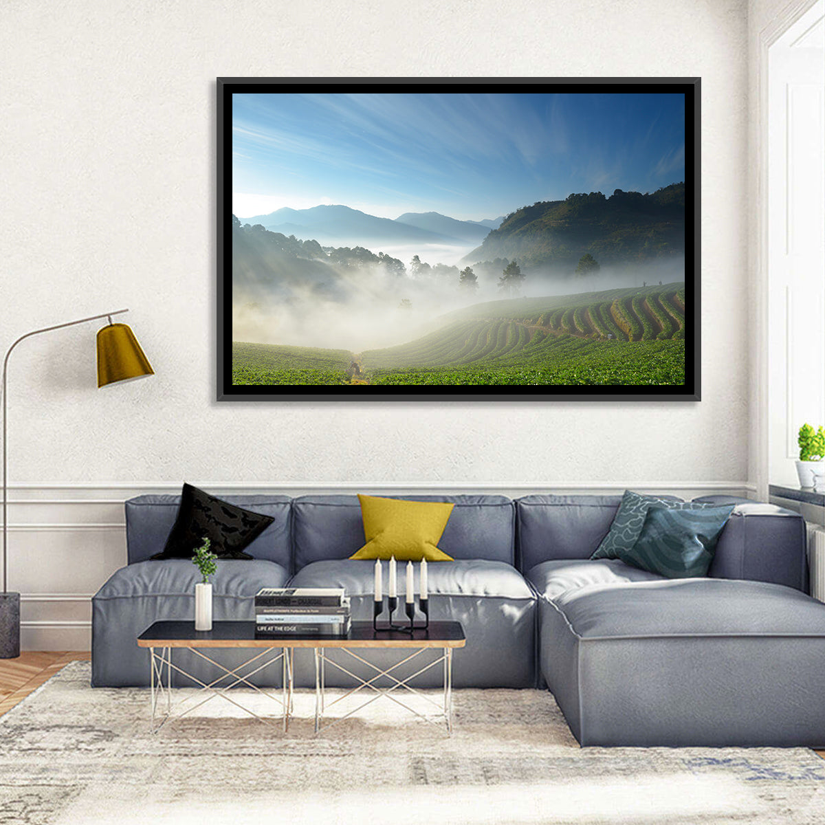 Sunlit Terraced Tea Hills Wall Art in a room, landscape