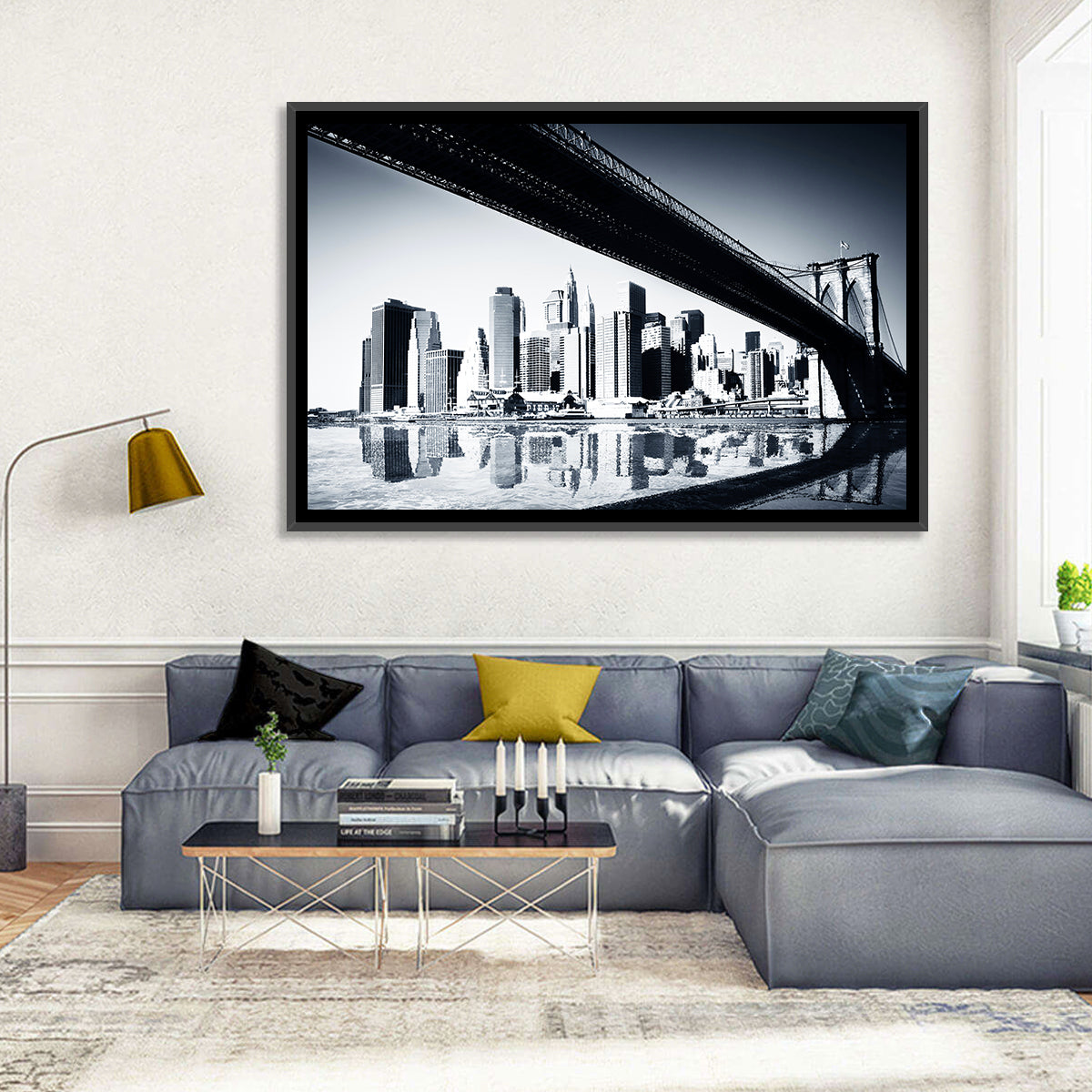 Brooklyn Bridge Low Angle Skyline Reflection Wall Art in a room, landscape