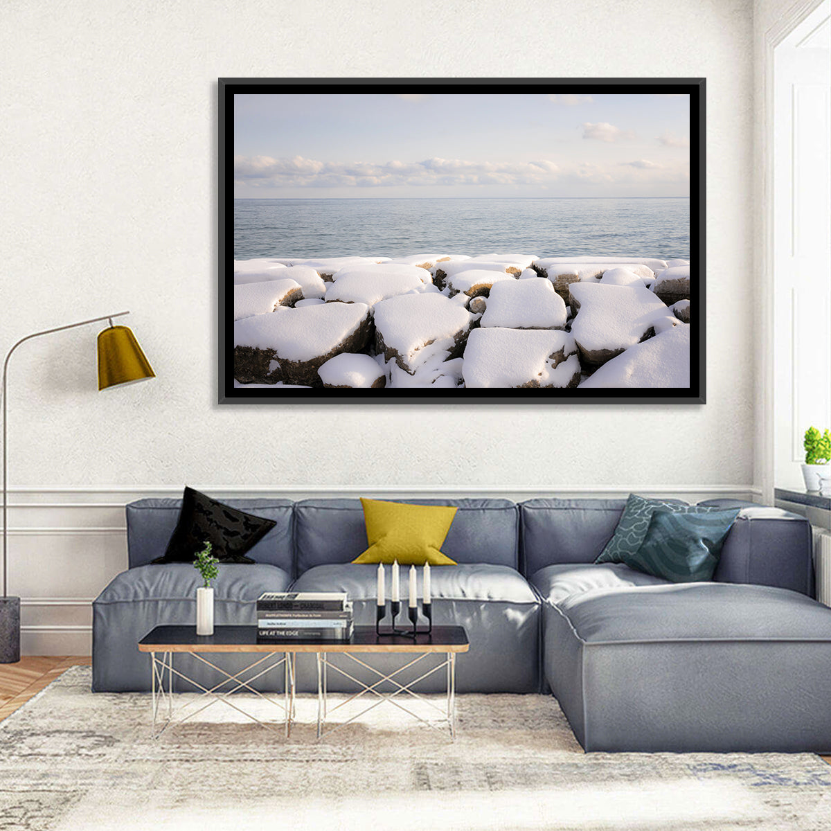 Lake Ontario Snowy Rocks Wall Art in a room, landscape
