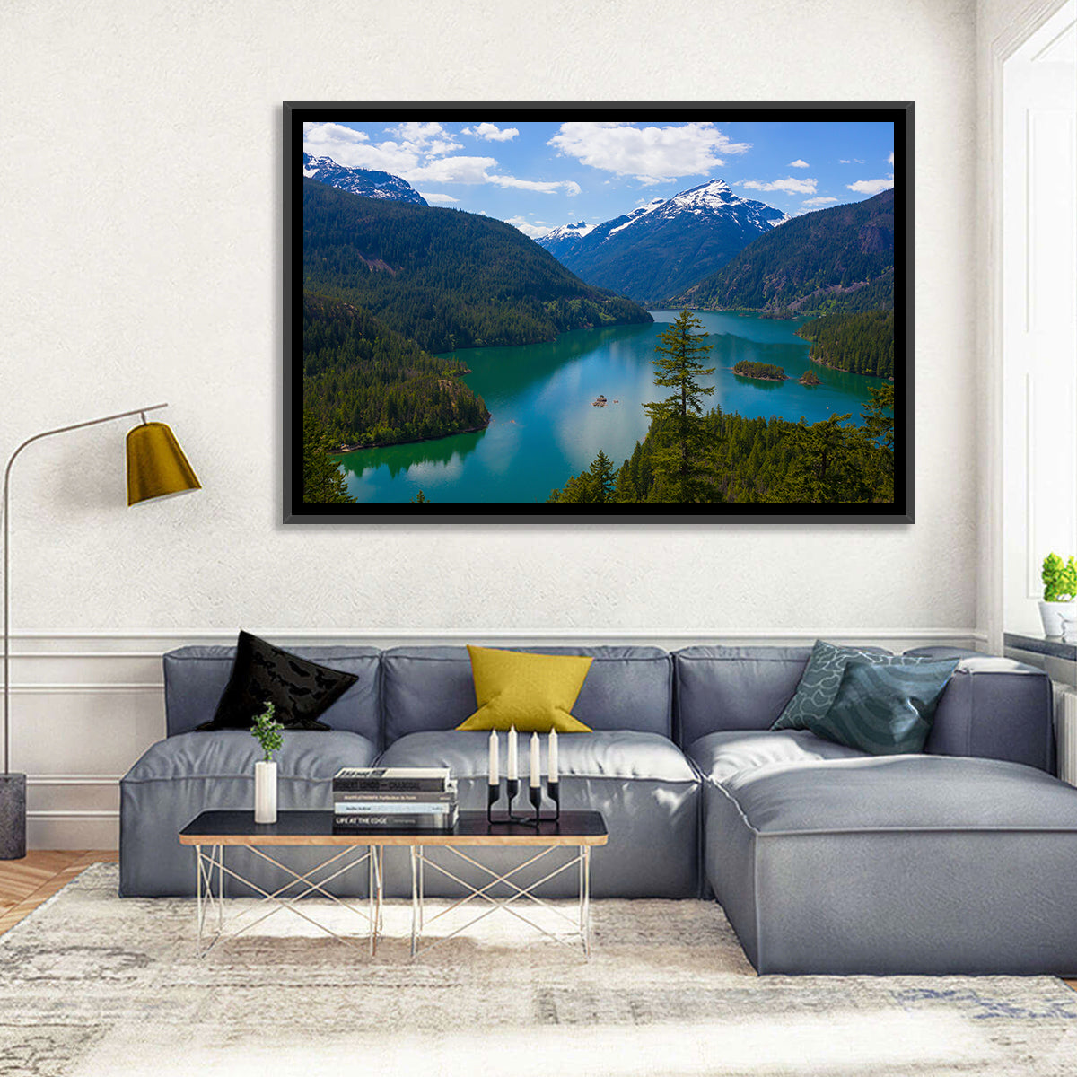 Diablo Lake Reflections Wall Art in a room, landscape