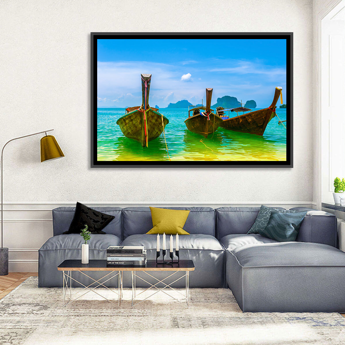 Three Long-tail Boats on Turquoise Water Wall Art in a room, landscape
