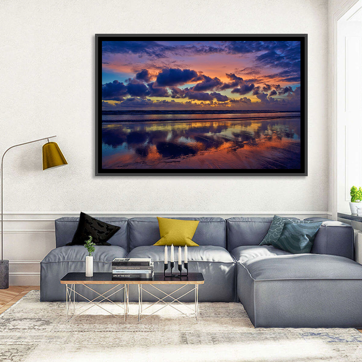 Dusk Beach Reflections Wall Art in a room, landscape
