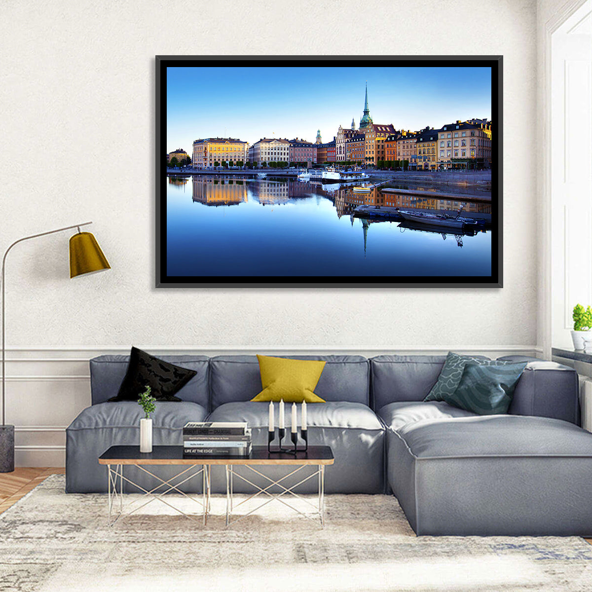 Gamla Stan Stockholm Skyline Wall Art in a room, landscape