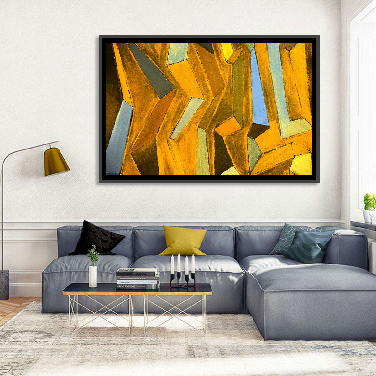 Golden Blocks Abstract Wall Art in a room, landscape