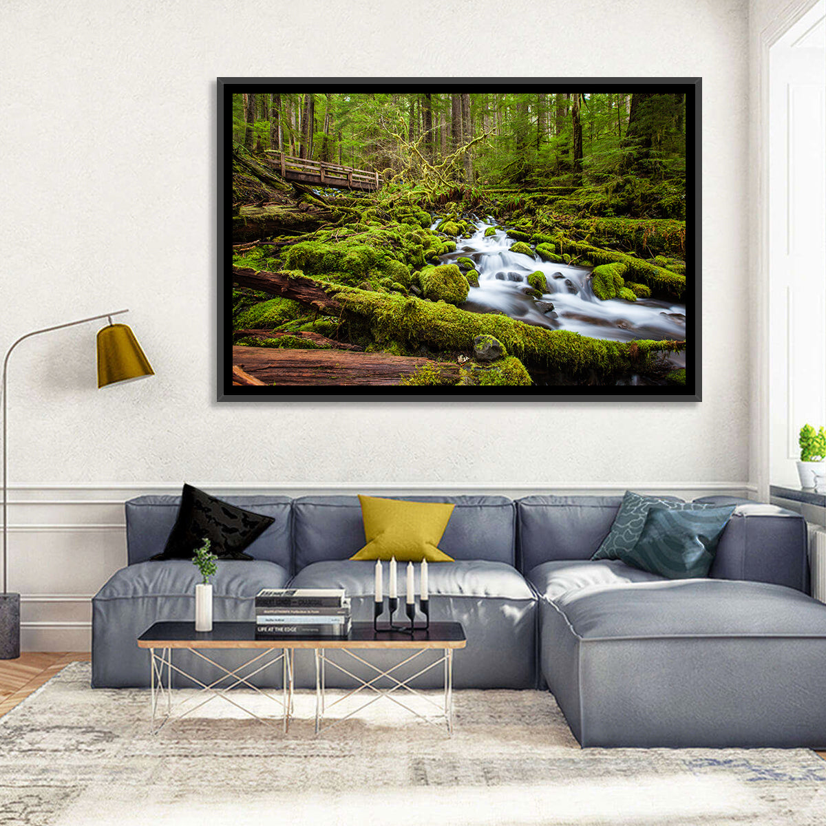 Mossy Cascade Forest Stream Wall Art in a room, landscape