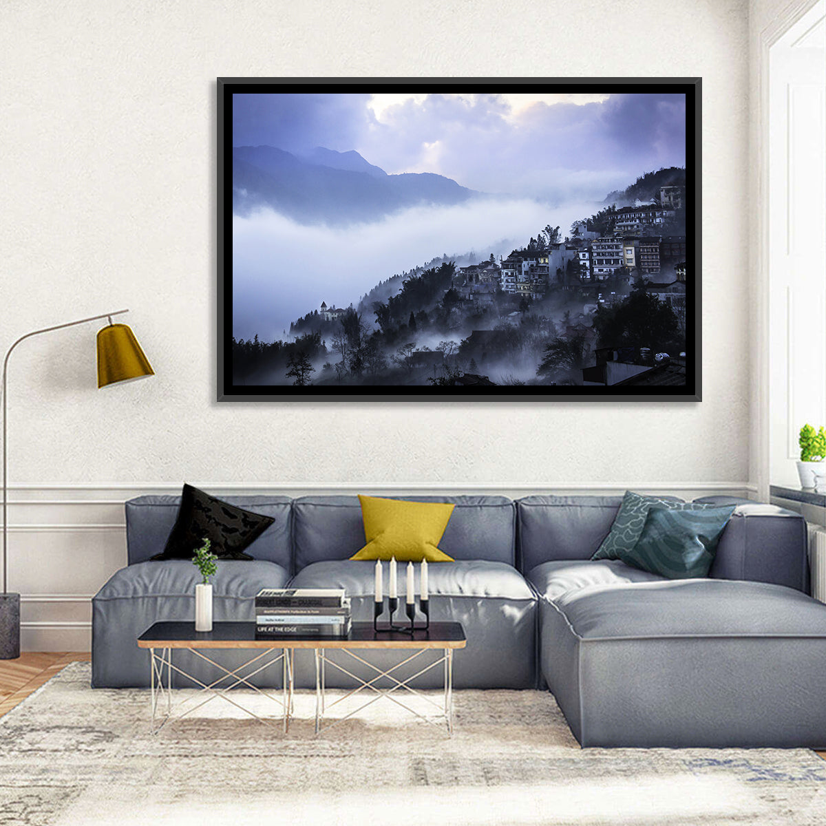 Misty Hillside Town Wall Art in a room, landscape