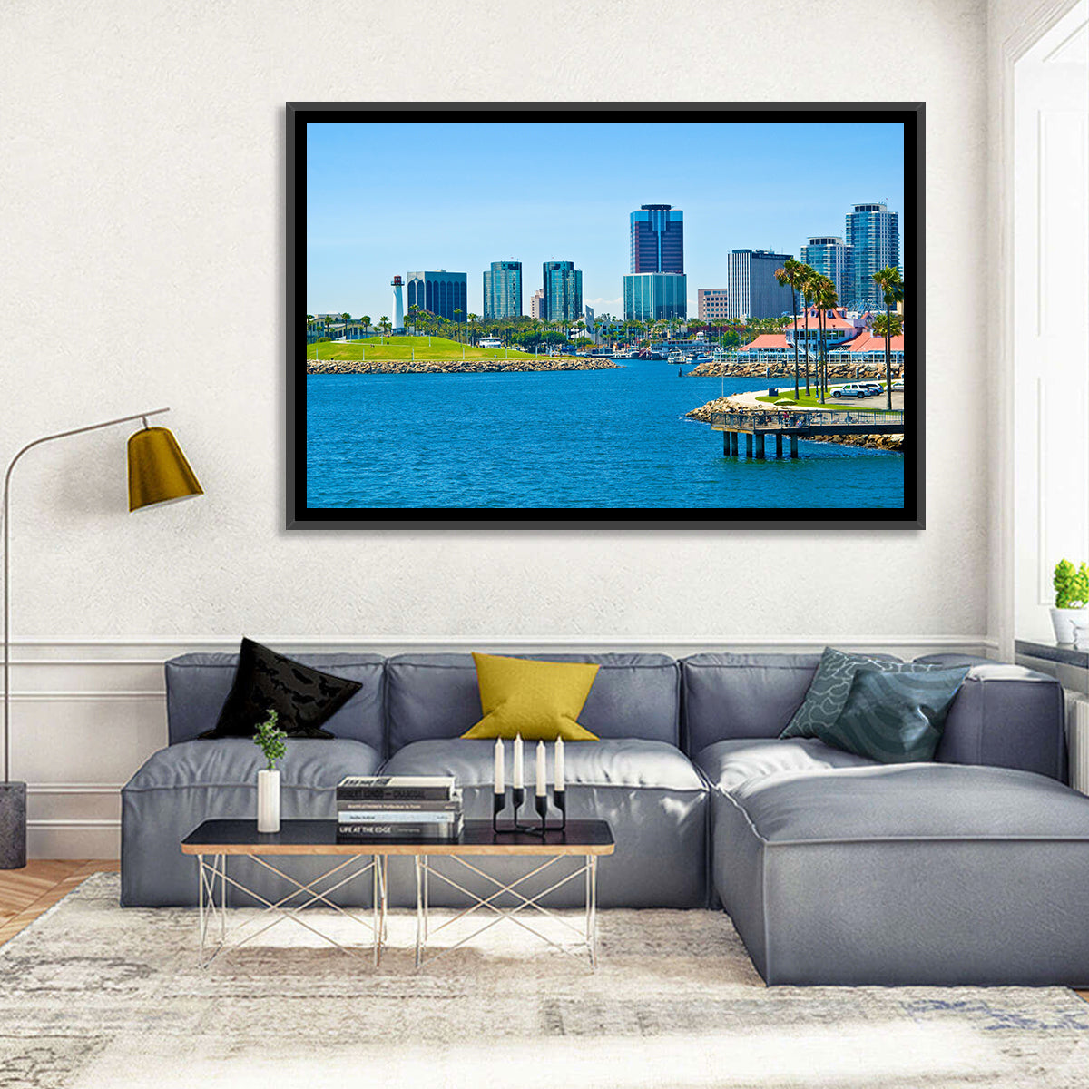 Long Beach Rainbow Harbor Skyline Wall Art in a room, landscape