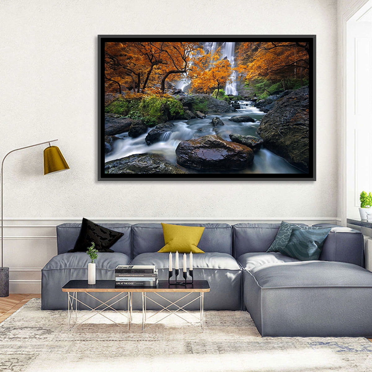 Konglan Autumn Waterfall Wall Art in a room, landscape