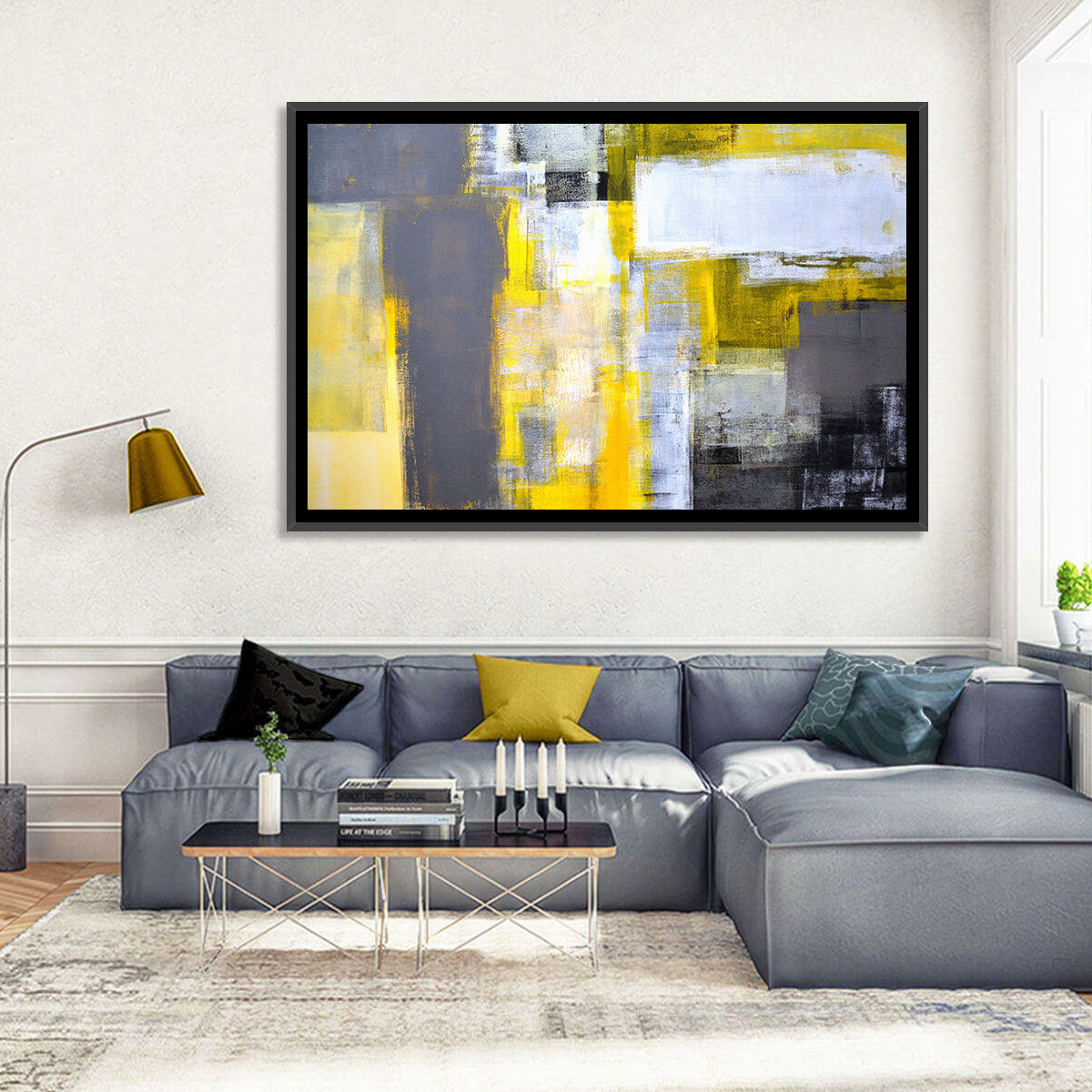 Yellow and Gray Color Block Abstract Wall Art in a room, landscape