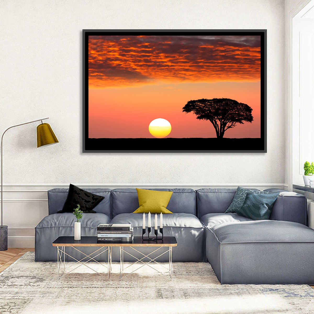 Serengeti Sunset Silhouette Wall Art in a room, landscape