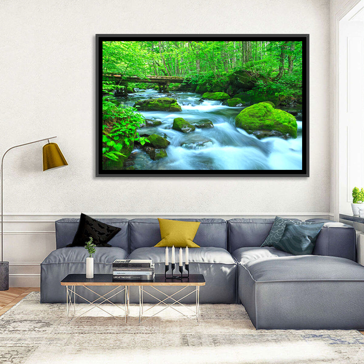 Mossy Forest Stream Wall Art in a room, landscape